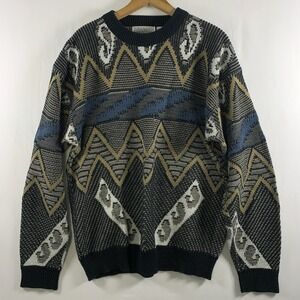 VTG Mens Abstract Jaquard Knit Sweater Sz XL Streetwear Biggie Skater Korea 90s